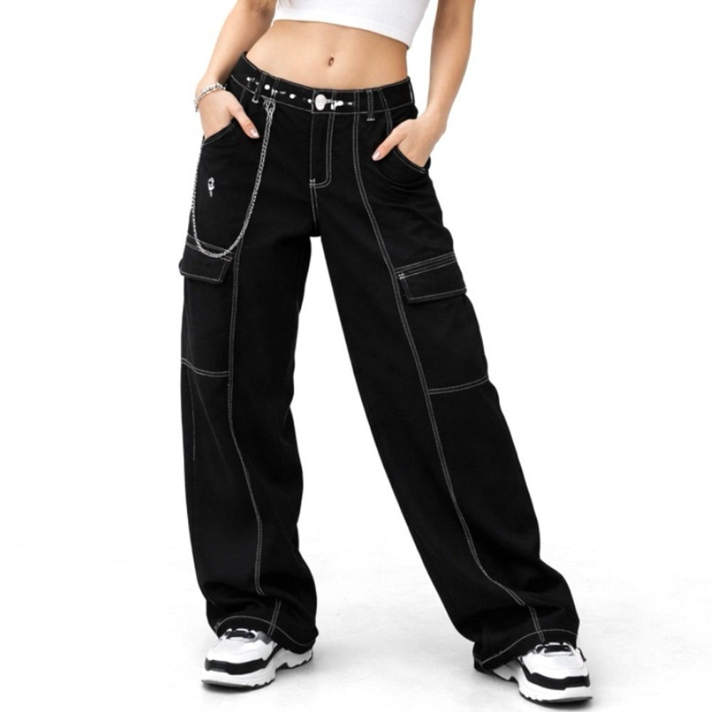 Madden NYC Black Wide Leg Contrast Stitch Cargo Utility Jeans